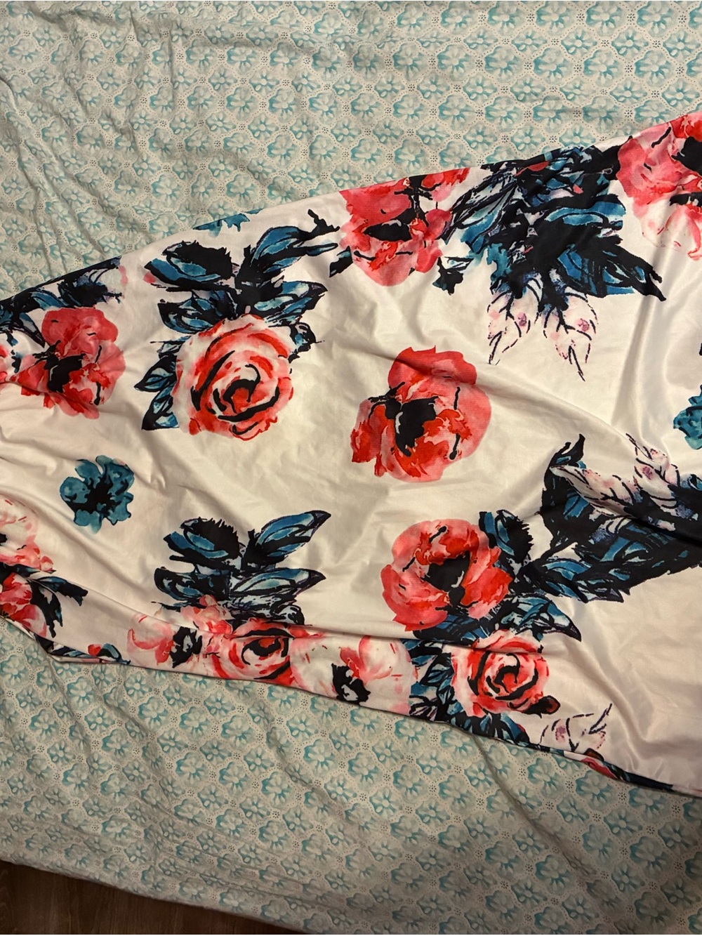 Floral White Maxi Skirt with Coral and Teal Blooms